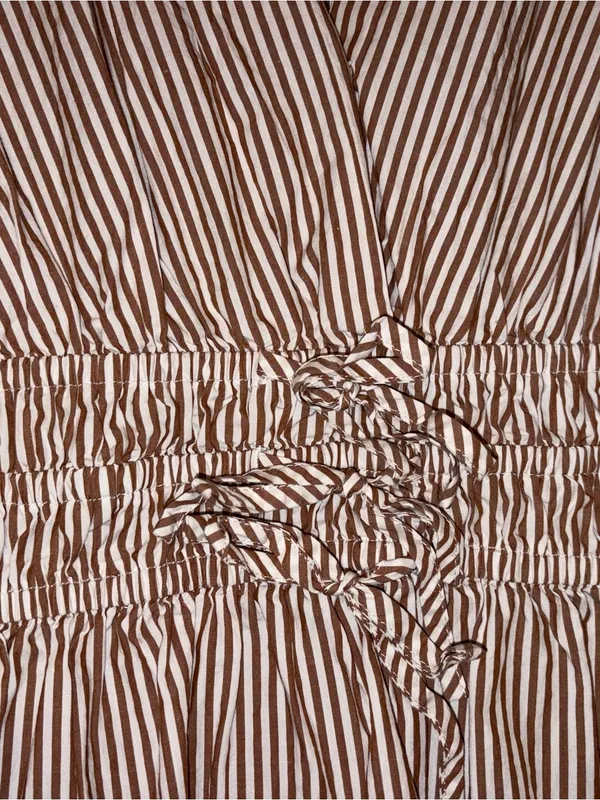 Nicole Miller Brown White Striped V-Neck Tiered Romper Dress Cap Sleeve Smocked - Image 7