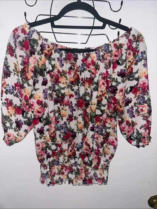 Floral Off-Shoulder Peasant Top - White with Pink & Green Floral Print Medium - Image 2