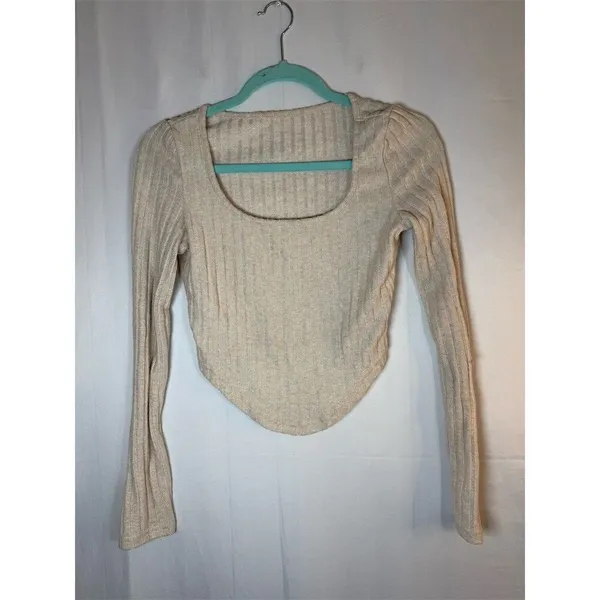 SHEIN Cropped Top Womens Size S Beige Ribbed Knit Square Neck Long Sleeve - Image 4