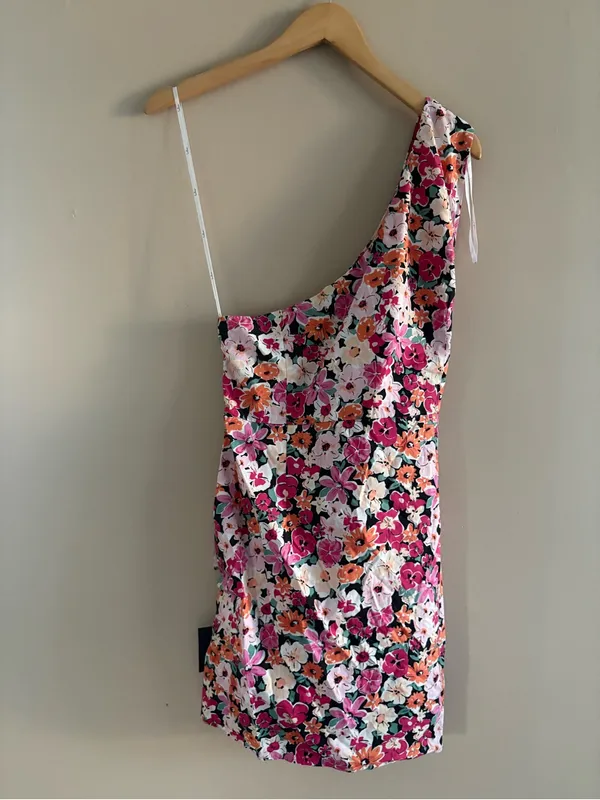 Lulus Gorgeous Garden Pink Floral One-Shoulder Faux-Wrap Mini Dress Size XL NWT - Image 5