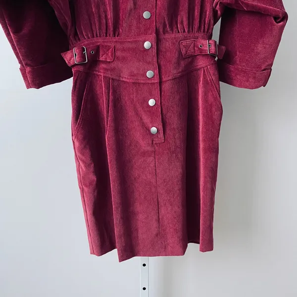 Rebecca Minkoff Western Cowgirl Western Corduroy Belted Mini Dress M Burgundy - Image 3