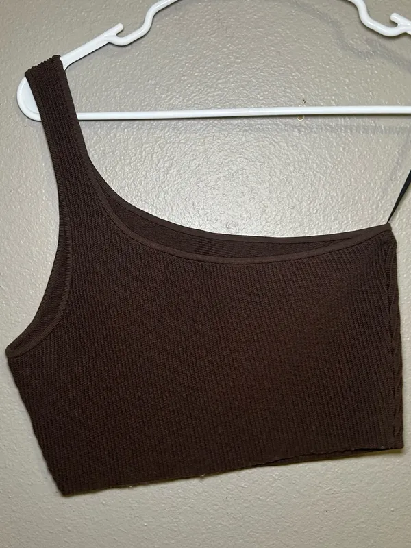 Aritzia Babaton Brown One Shoulder Sculpt Knit Cropped Tank Top Women’s Sz Large - Image 4