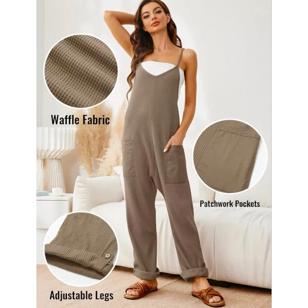 NEW Waffle Knit Jumpsuit Loose Spaghetti Strap Overalls XL - Image 5