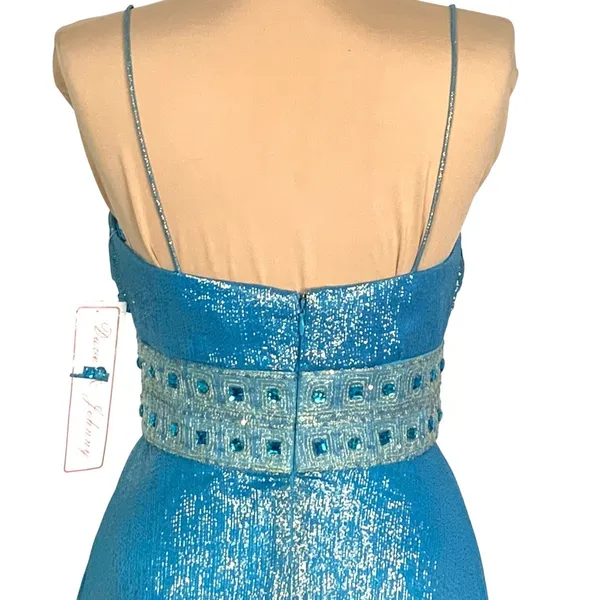 Dazzling Metallic Blue Silk Gown Flowy Prom 0 Hoco Glam Pageant Jeweled Hi-Low - Image 7