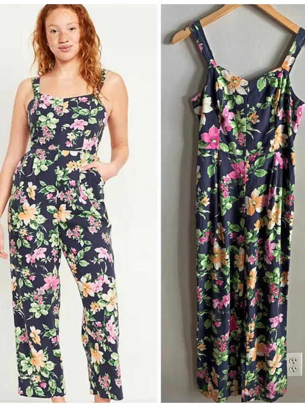 Old Navy Floral Linen Blend Jumpsuit Small Navy Wide Leg Smocked Back - Image 2