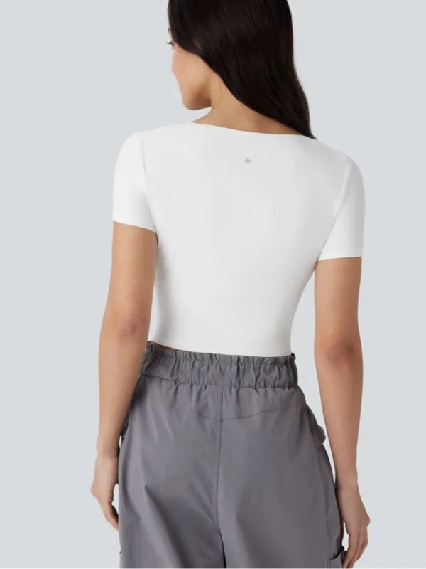 NWOT Halara White Square Neck Short Sleeve Ruched Cropped Top - Image 2