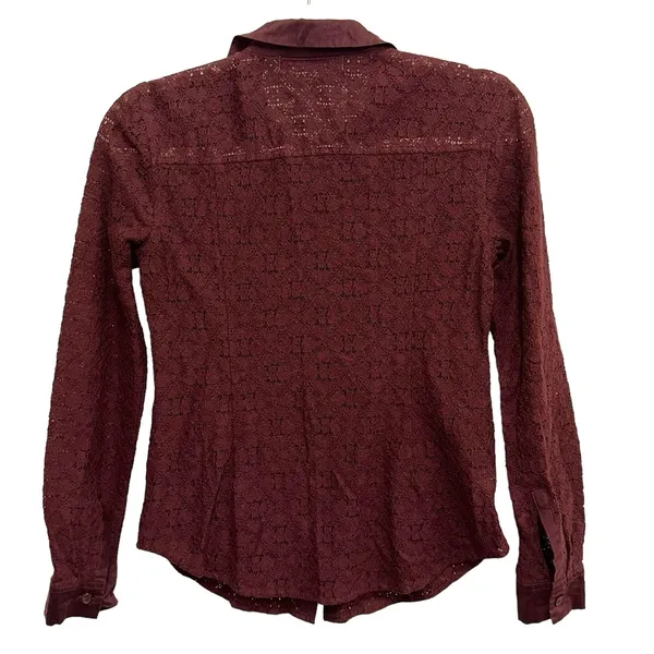 LOFT Burgundy‎ Lace Button Up Blouse XS Sheer Long Sleeve Feminine Top - Image 5