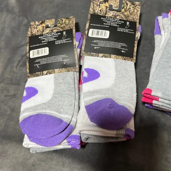 Mossy Oak‎ Ladies Crew Half Cushion Socks 6 Pairs Grey White Pink Purple 4-10 - Image 6