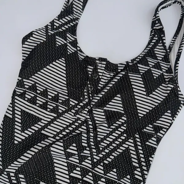 Aerie‎ One Piece Swimsuit S Black White Geometric Tribal Henley High Cut Cheeky - Image 6