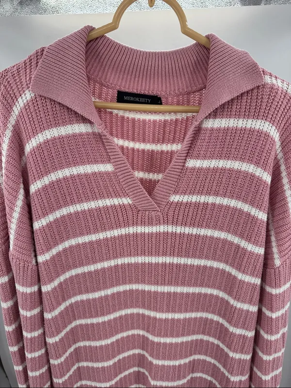 Merokeety Striped Pink sweater Maxi Dress v-neck Collared L side slits casual - Image 8
