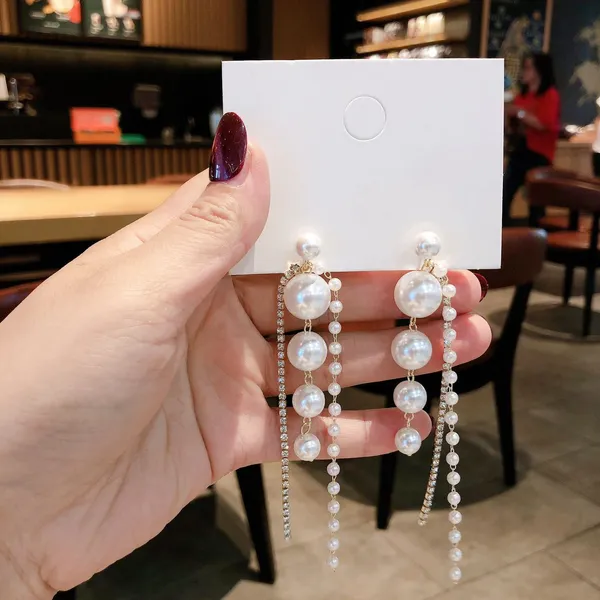 Elegant White Pearl Long Dangle Drop Earrings for Women - Image 2
