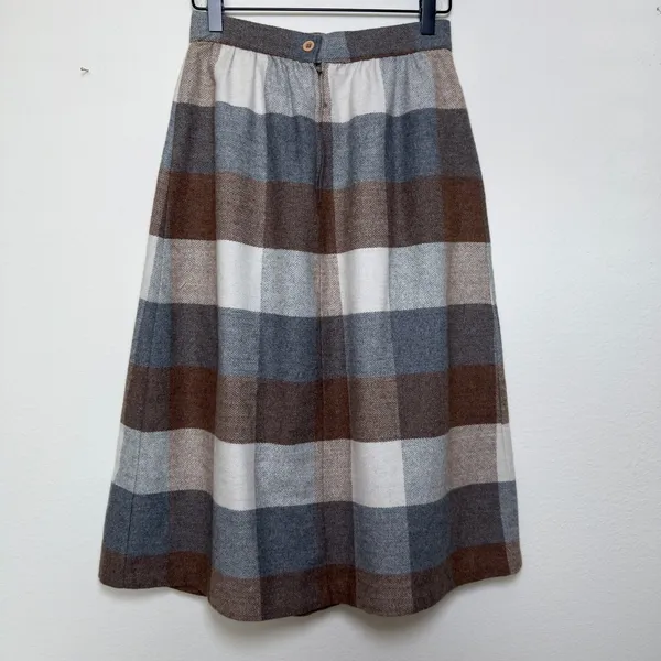 VTG 60s Women Wool Plaid Midi Skirt XS Brown Gray‎ Academia School Preppy - Image 5