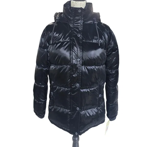Levis NWT Womens Shiny Black Quilted Bubble Puffer Hooded‎ Jacket XS - Image 2