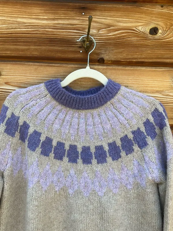 Women’s Tan Purple Size M Soft Fair Isle Pullover High Neck Knit Sweater - Image 5