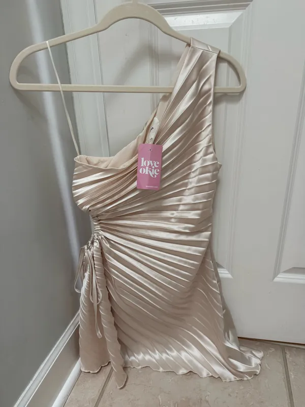 Lena Hadley pleated mini dress in Champagne - Image 3
