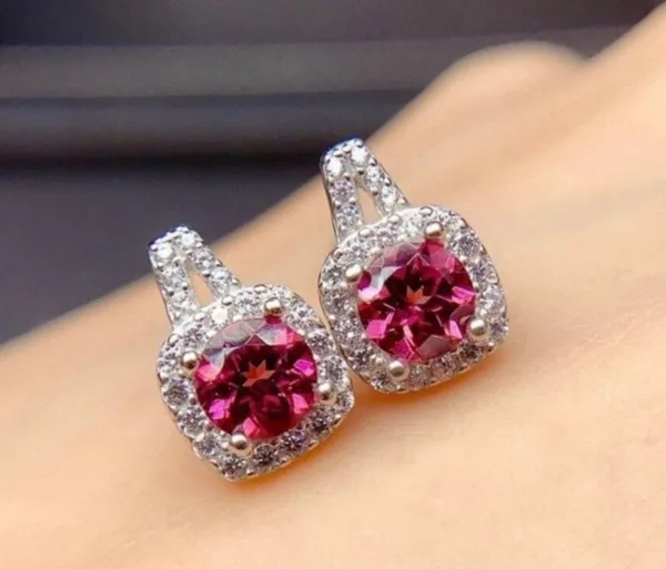 14K White Gold Plated Ruby Stud Earrings for Women Silver - Image 2