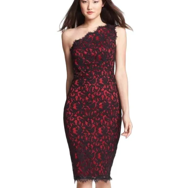 Black Red Lace One Shoulder Sheath Dress Formal Evening Cocktail Party‎ - Image 3