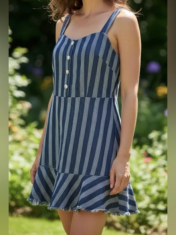 Umgee NWT Denim Stripe Mini Dress L Frayed Hem Boho Summer Adjustable Straps - Image 2