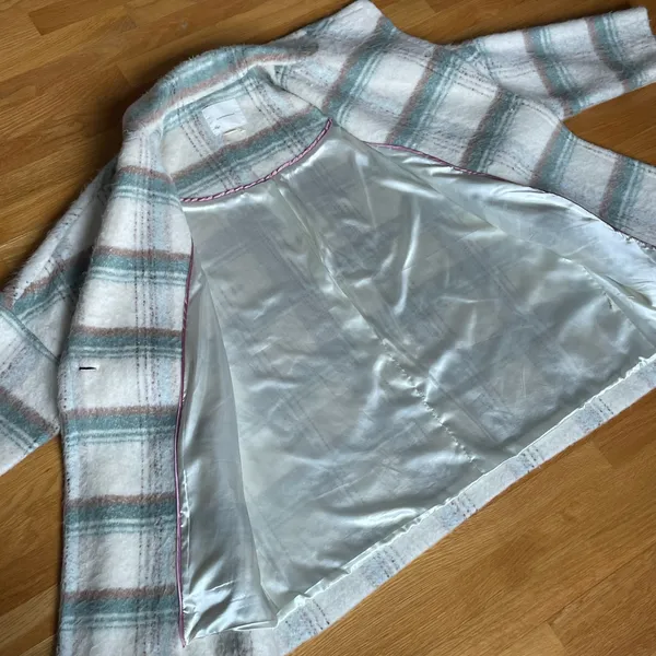 Anthropologie Plaid Wool Blend Coat Womens L Cream Green Oversized Jacket - Image 7
