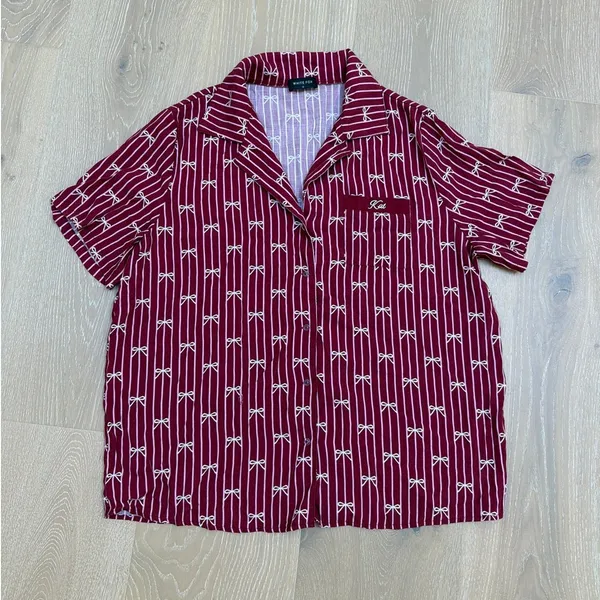 White Fox Shorts Pajamas Bow Print Personalized "Kat" Size S Burgundy Red - Image 3