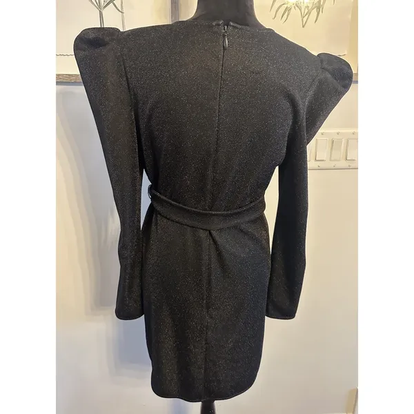 TOPSHOP Black Sparkly Mini Dress Slit Faux Wrap VNeck Puff Long Sleeve Size 10 - Image 2