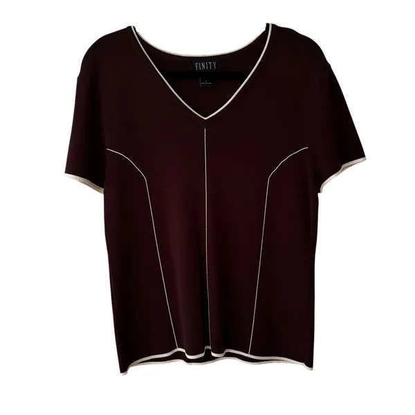 FINITY Women's Brown Knit V-Neck Short Sleeve‎ Top Size L Contrasting Trim - Image 6
