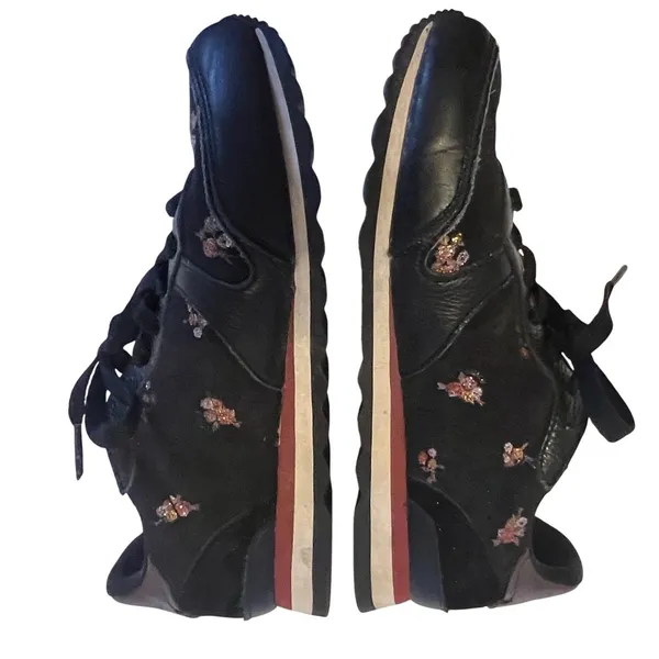 Coach Sneakers Women Black Glitter Floral Leather Suede‎ Low Top - Image 6