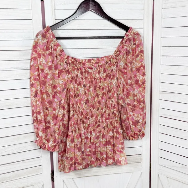 Nanette Lepore Cottagecore Floral Smocked Peplum‎ Puff Sleeve Blouse Pink Large - Image 8