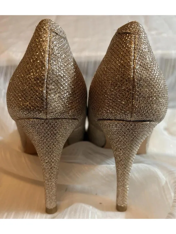 Lauren Lorraine Gold Pump Heels Bow Glitter Peep Toe Slip On Size 9 - Image 4