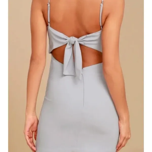 NWT Lulus TOAST TO LIFE Pearl Gray Crepe Back Tie Mini Dress Size Medium - Image 3