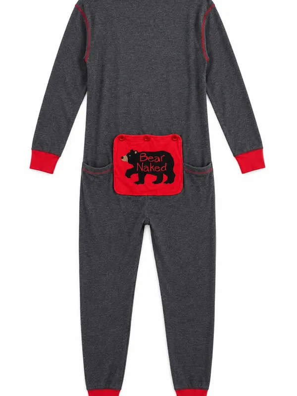 Little Blue House Bear Naked Adult L Union Suit Pajamas One Piece Gray Red - Image 4