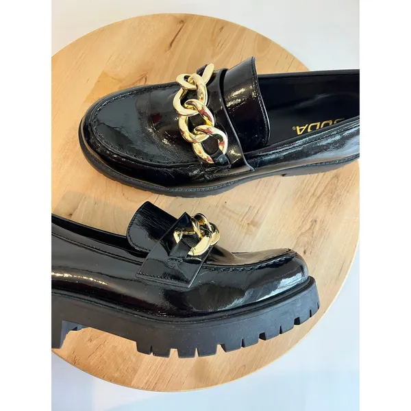 Soda Black Patent Vegan Leather Gold Chunky Chain Loafer Shoe Size 9-9.5 - Image 9