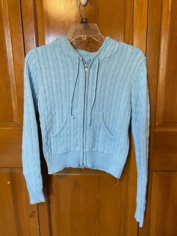 Blue Cable Knit Zip-Up Slim Fit Crop Knit Hoodie - Image 2