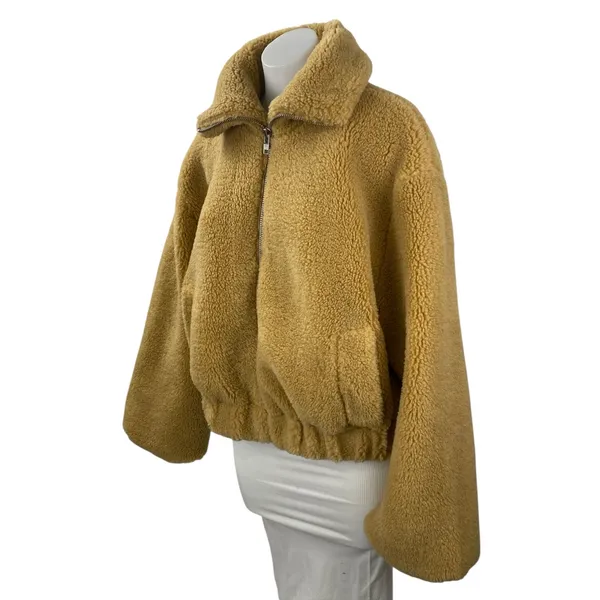 Free People Get Cozy Teddy Women's Brown Fleece Long Sleeve Bomber Coat Jacket S - Image 3