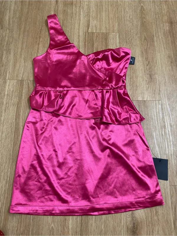 Lulu's Hot Pink One-Shoulder Satin Peplumi Mini - Image 3