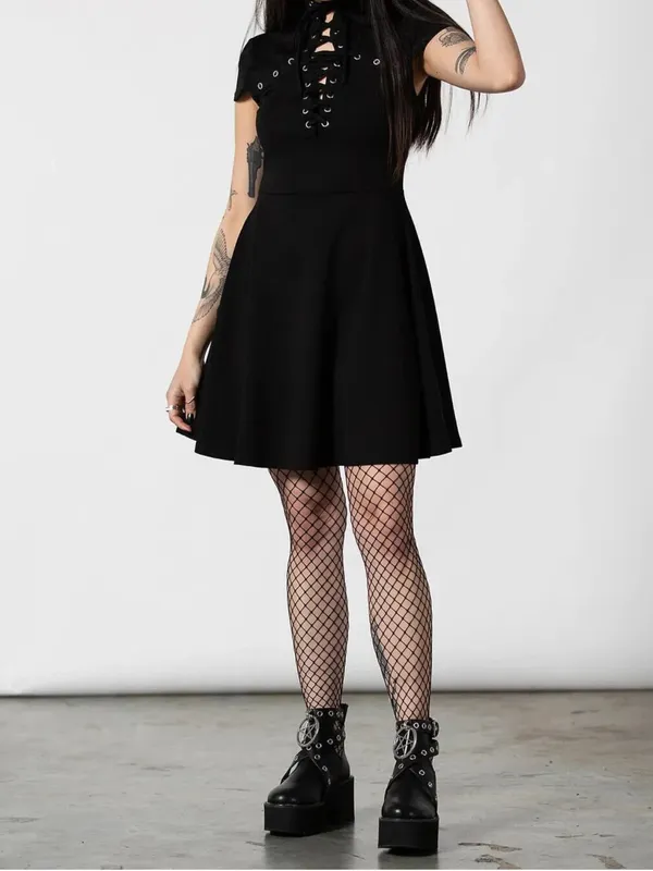 Killstar Tied Up Skater Dress Black Metal Detail Goth Alternative Emo M - Image 3