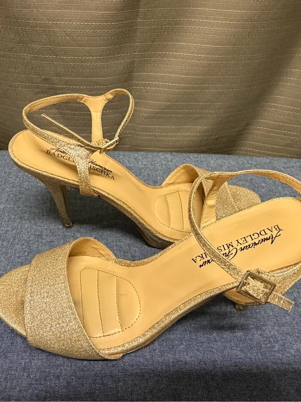 Badgley Mischka American Glamour Gold Glitter High Heel Sandals with Ankle Strap - Image 8
