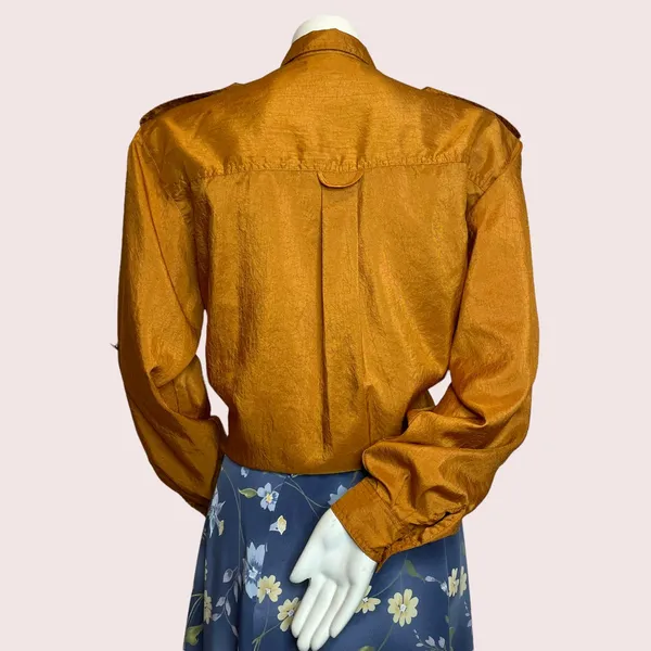 Vintage Copper‎ Blouse Epaulets Button-Up Crinkly Fabric Front Pockets Shirt Top - Image 3