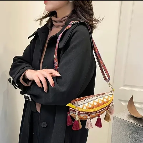 Bohemian Multicolored Tassel Pattern Hobo Sling Bag Brown - Image 2