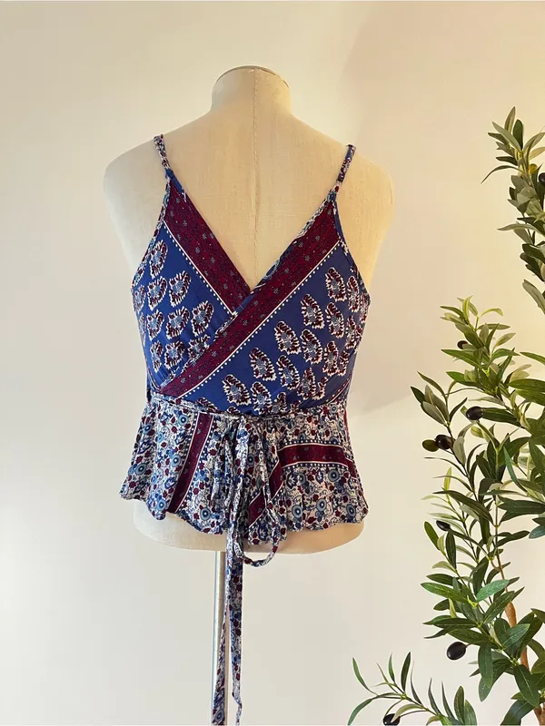 Free People Floral Print V-Neck Cami Tank Top - Blue / Burgundy - Image 3