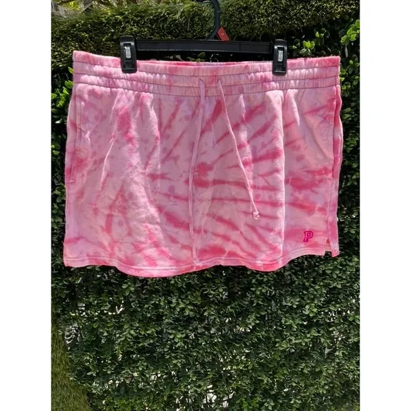 PINK Victoria Secret Tie Dye Fleece Mini Skirt Pink‎ White Drawstring XL - Image 3