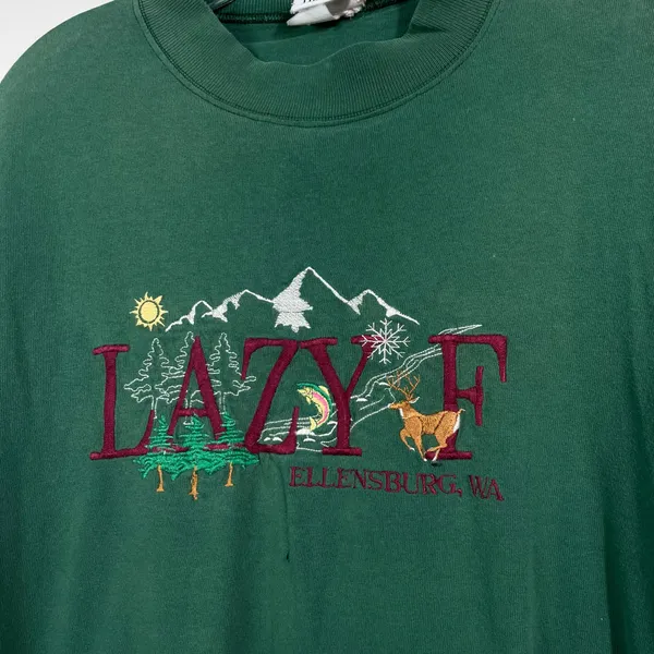 The Vintage Shop Vintage 90s Nature Embroidered Deer Mock Neck Lazy F Ellisburg PA Thrashed Tee L - Image 2