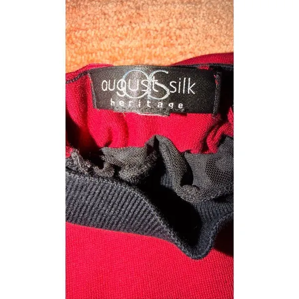 August Silk Heritage Sweater Red Black Velvet Mesh Mock Neck M - Image 3