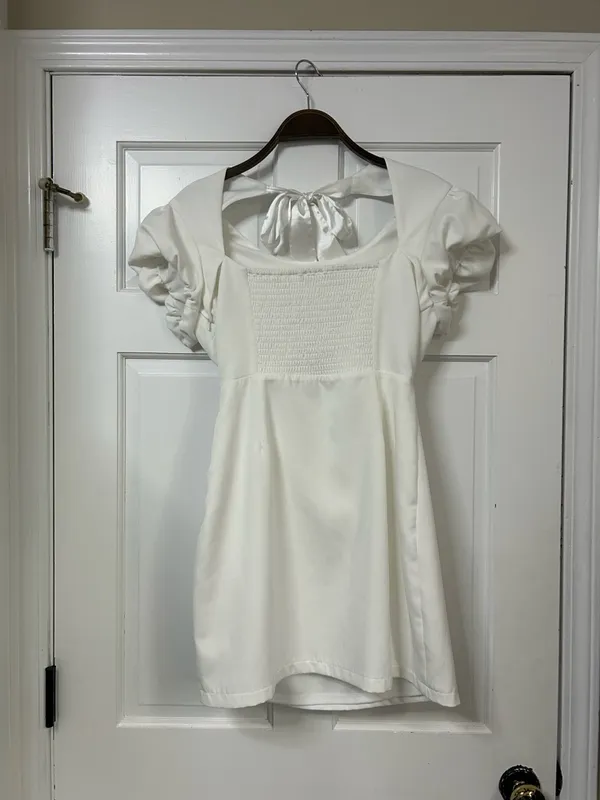TCEC White Puff-Sleeve Mini Dress with Satin Back Tie - Image 2
