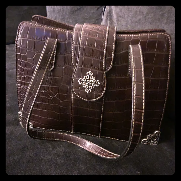 Embellished Croc Embossed Brown Shoulder Bag Silver Accent Purse - Image 3