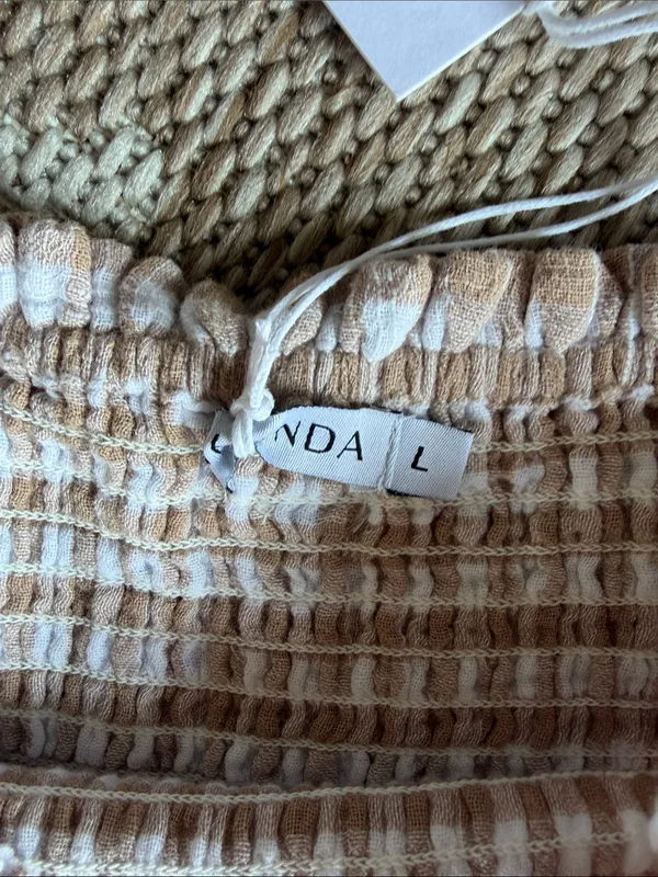 NWT Ghanda Co Smocked Gingham Off-Shoulder Dress in Beige 579-WN11 - Image 2