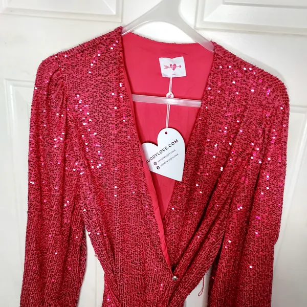 NWT Body Love Hot Pink Sequin Wrap Long Sleeve Party Dress LG holiday bling midi - Image 6