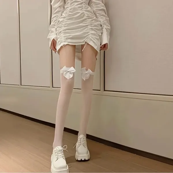 White Bow Thin Light‎ Smooth Over The Knee Socks Women's Stockings One Size - Image 8