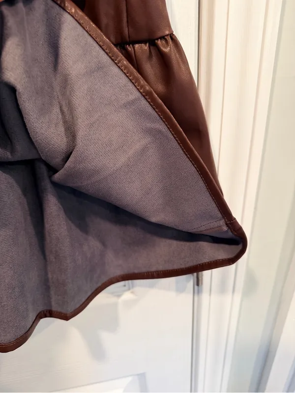 NWT Vigoss Size S Brown Faux Leather Mini Dress Puff Sleeve Smocked Waist V Neck - Image 8