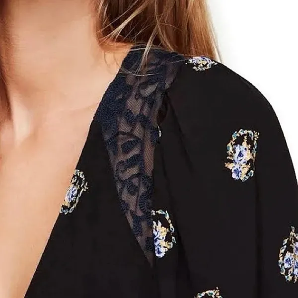 Free People Mockingbird Black Floral Deep V-Neck Open-Back Lace Mini Dress Sz 2 - Image 4